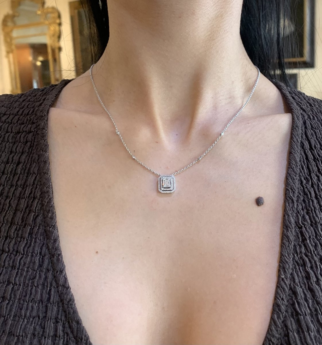 Collier Diamants Effet Taille Emeraude Or Gris 18 Carats-photo-3
