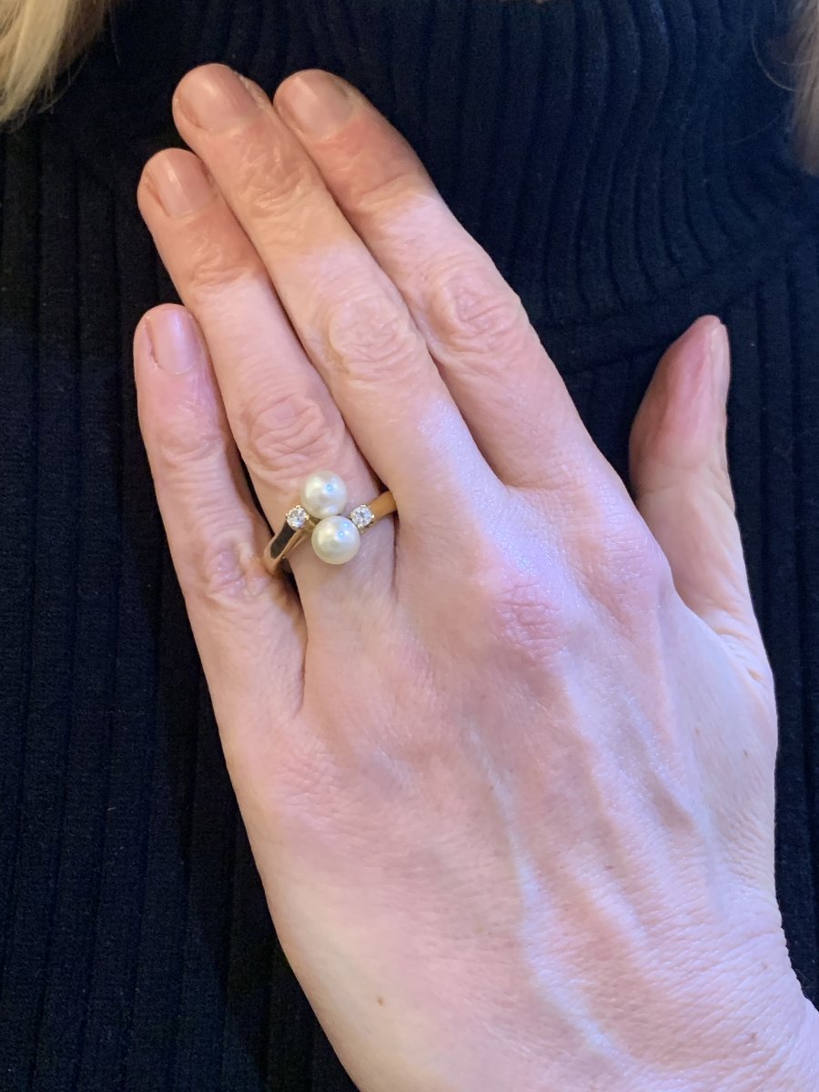 Bague Toi & Moi Perles Diamants Or Jaune 18 Carats-photo-3