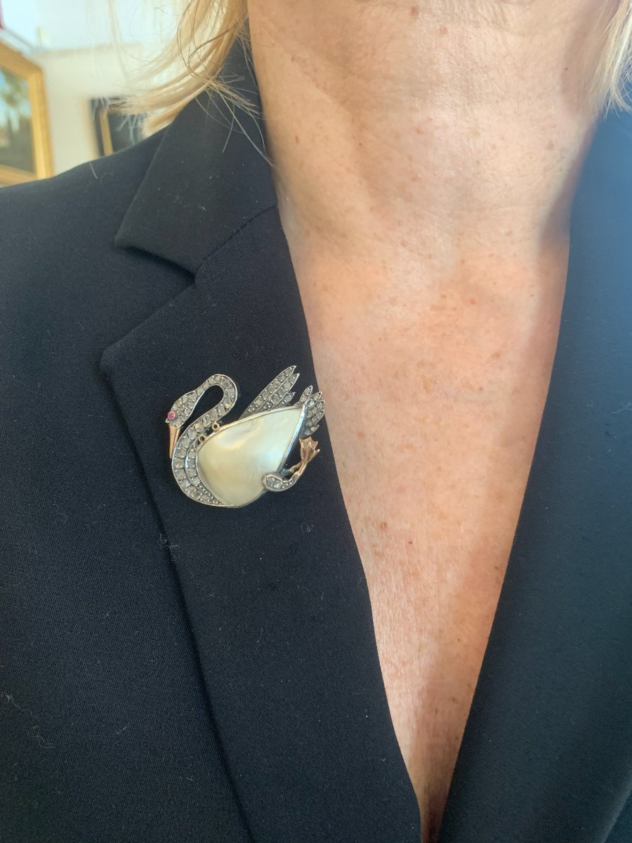 Broche Cygne Nacre Diamants Or Jaune & Gris 18 Carats-photo-3