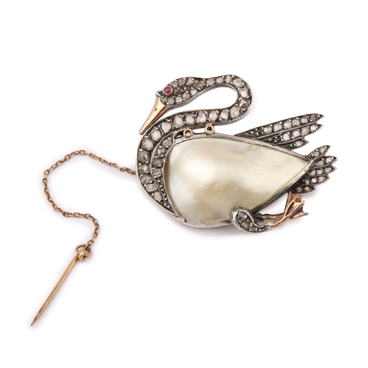 Broche Cygne Nacre Diamants Or Jaune & Gris 18 Carats