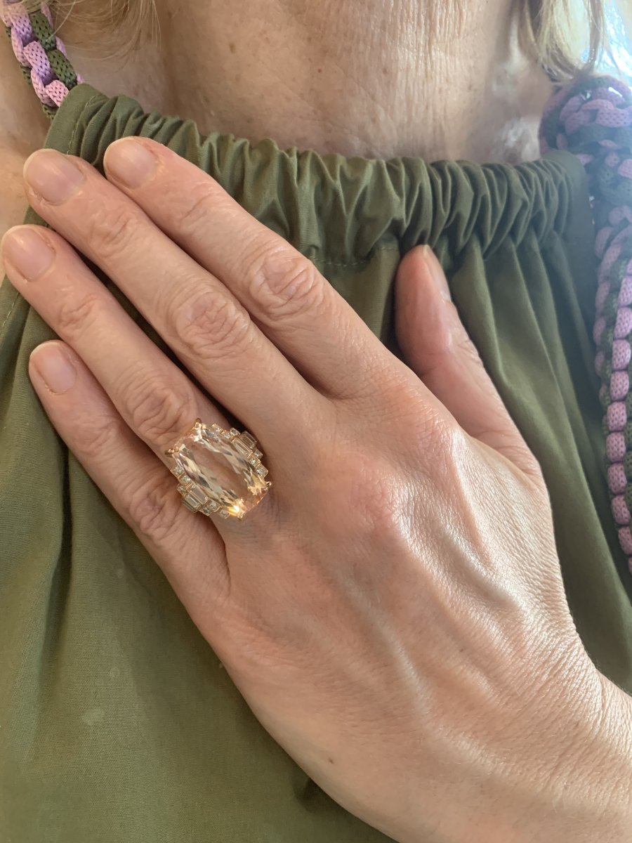 15 Carats Morganite Diamonds Rose Gold Cocktail Ring-photo-4