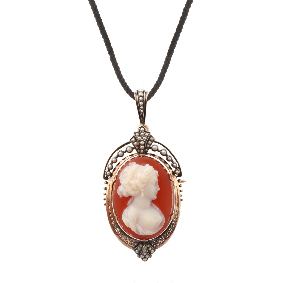 Antique Agate Cameo Pearls Silver 18 Carats Yellow Gold Brooch Pendant-photo-2