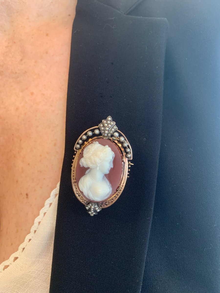 Antique Agate Cameo Pearls Silver 18 Carats Yellow Gold Brooch Pendant-photo-3