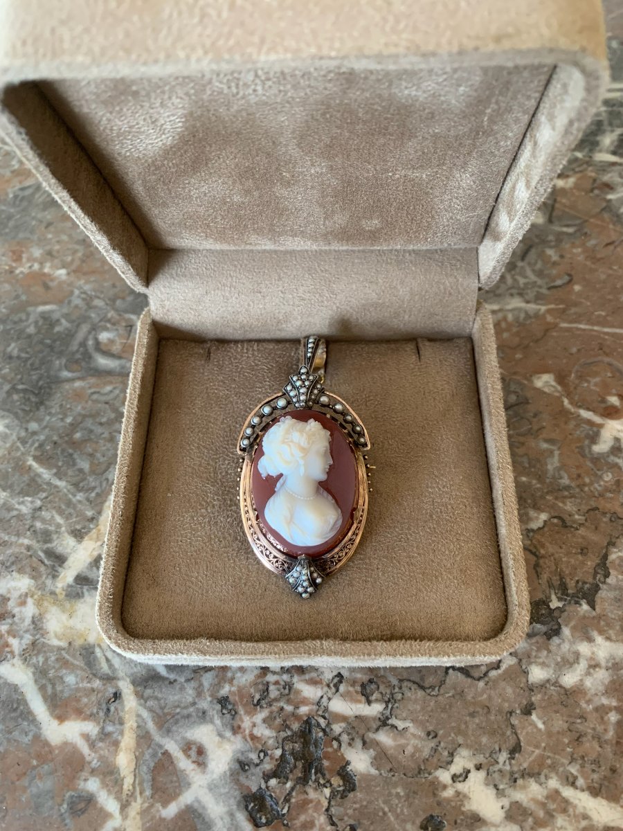 Antique Agate Cameo Pearls Silver 18 Carats Yellow Gold Brooch Pendant-photo-1