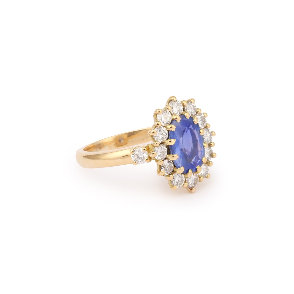 Certified 2.20 Carats Unheated Ceylon Sapphire Diamonds 18 Carats Yellow Gold Pompadour Ring-photo-2