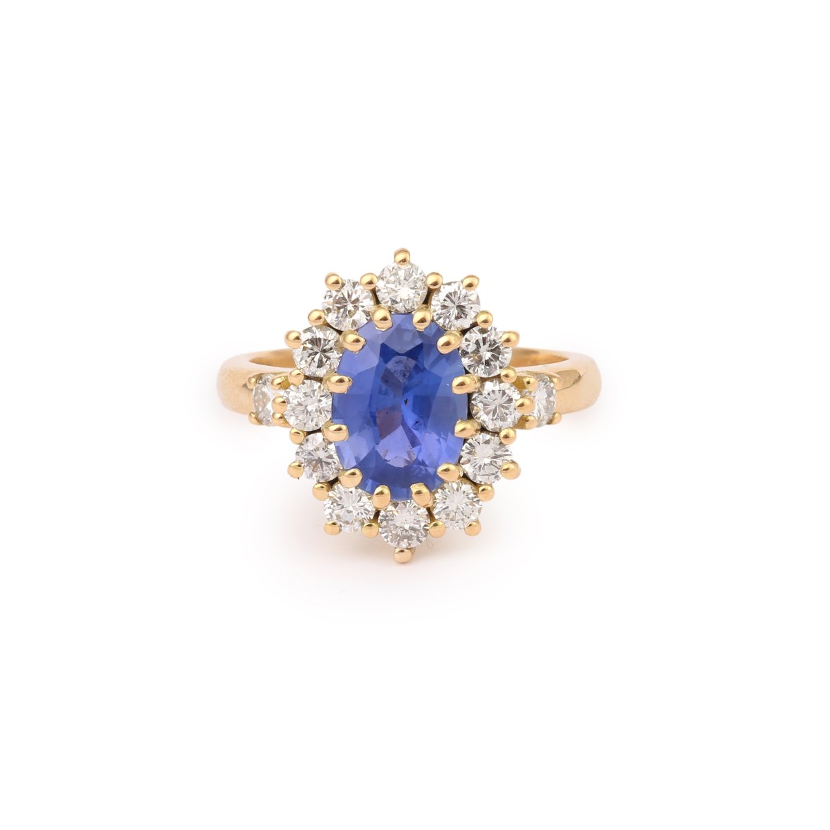 Certified 2.20 Carats Unheated Ceylon Sapphire Diamonds 18 Carats Yellow Gold Pompadour Ring