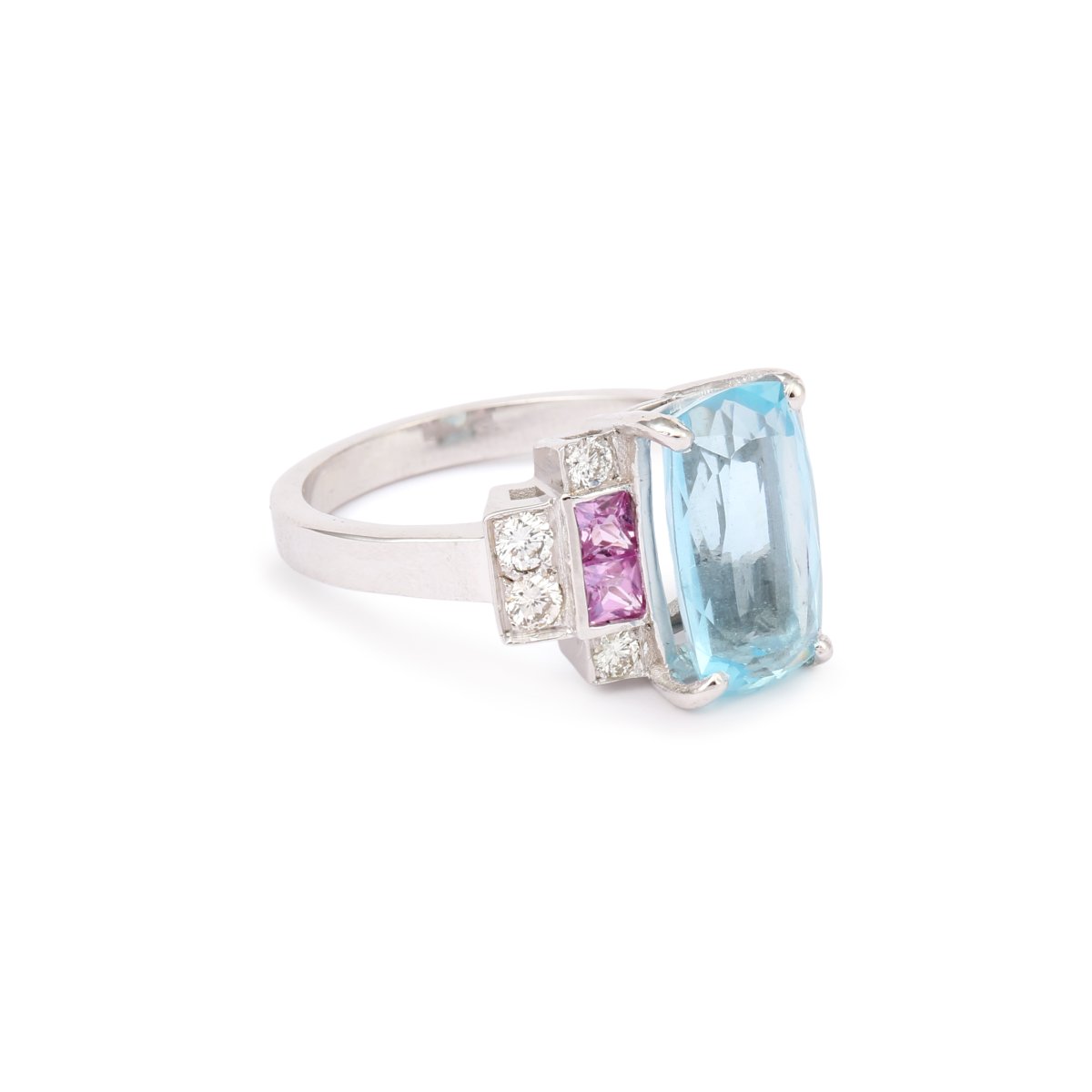 3 Carats Aquamarine Pink Sapphires Diamonds 18 Carats White Gold Ring-photo-2