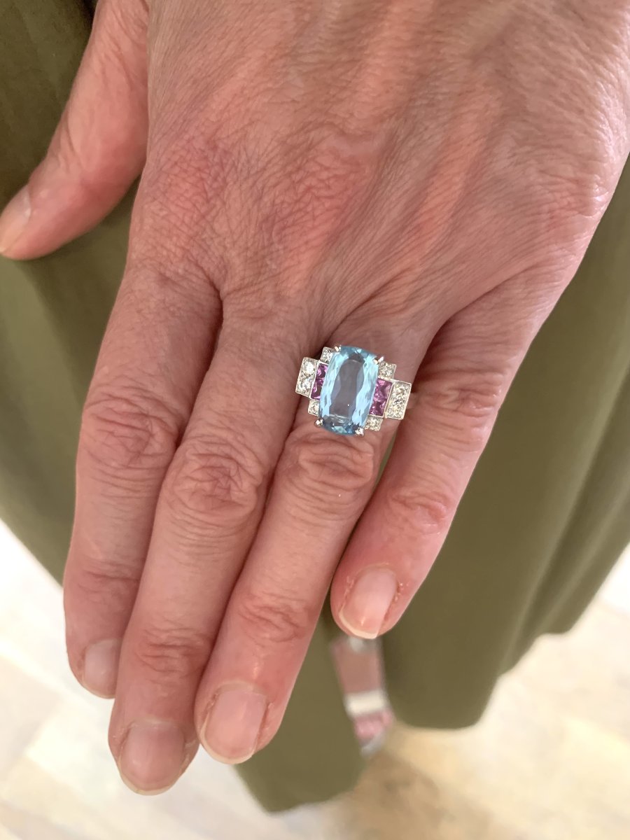 3 Carats Aquamarine Pink Sapphires Diamonds 18 Carats White Gold Ring-photo-3