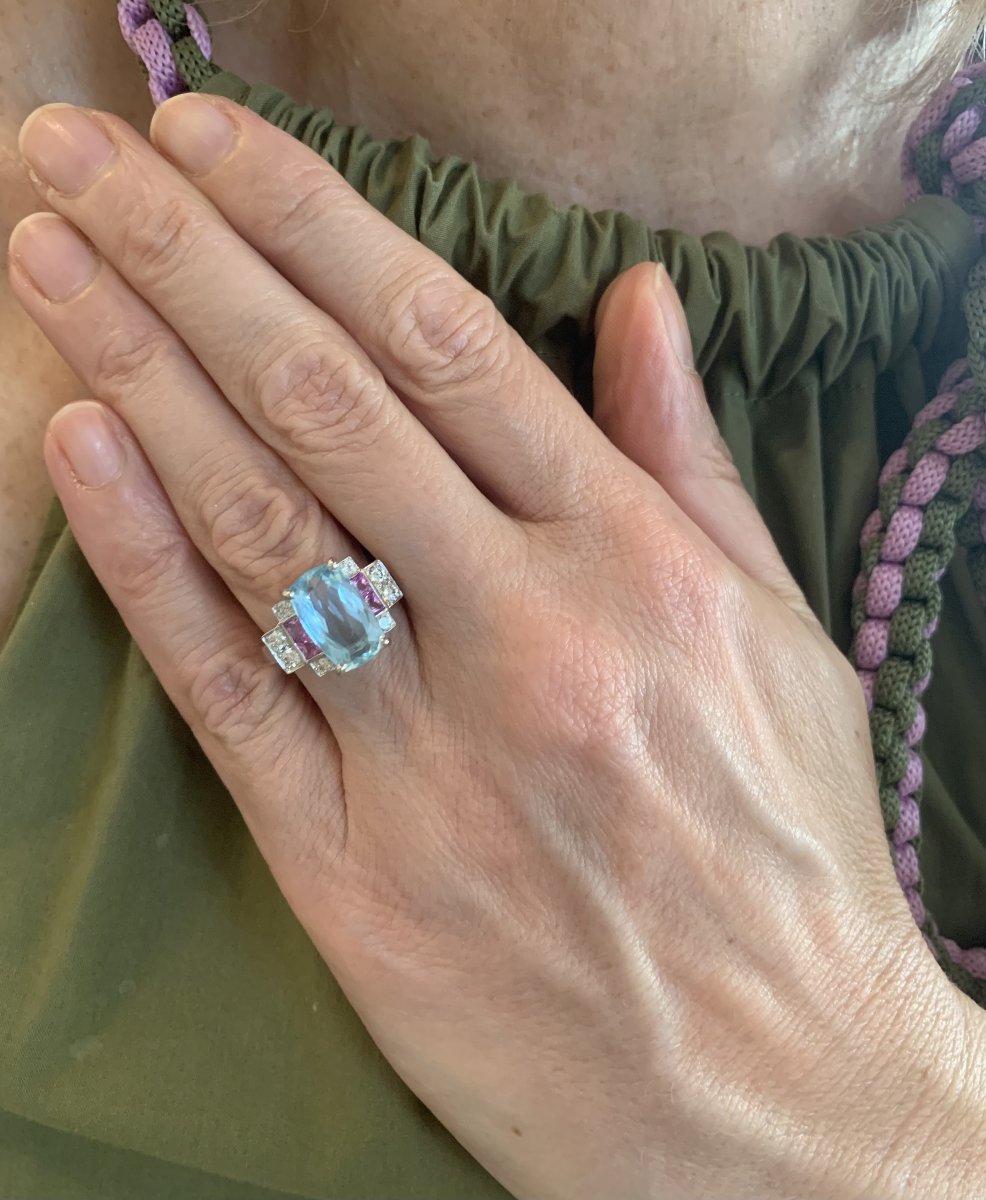3 Carats Aquamarine Pink Sapphires Diamonds 18 Carats White Gold Ring-photo-4
