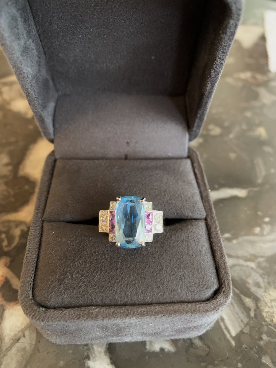 3 Carats Aquamarine Pink Sapphires Diamonds 18 Carats White Gold Ring-photo-1