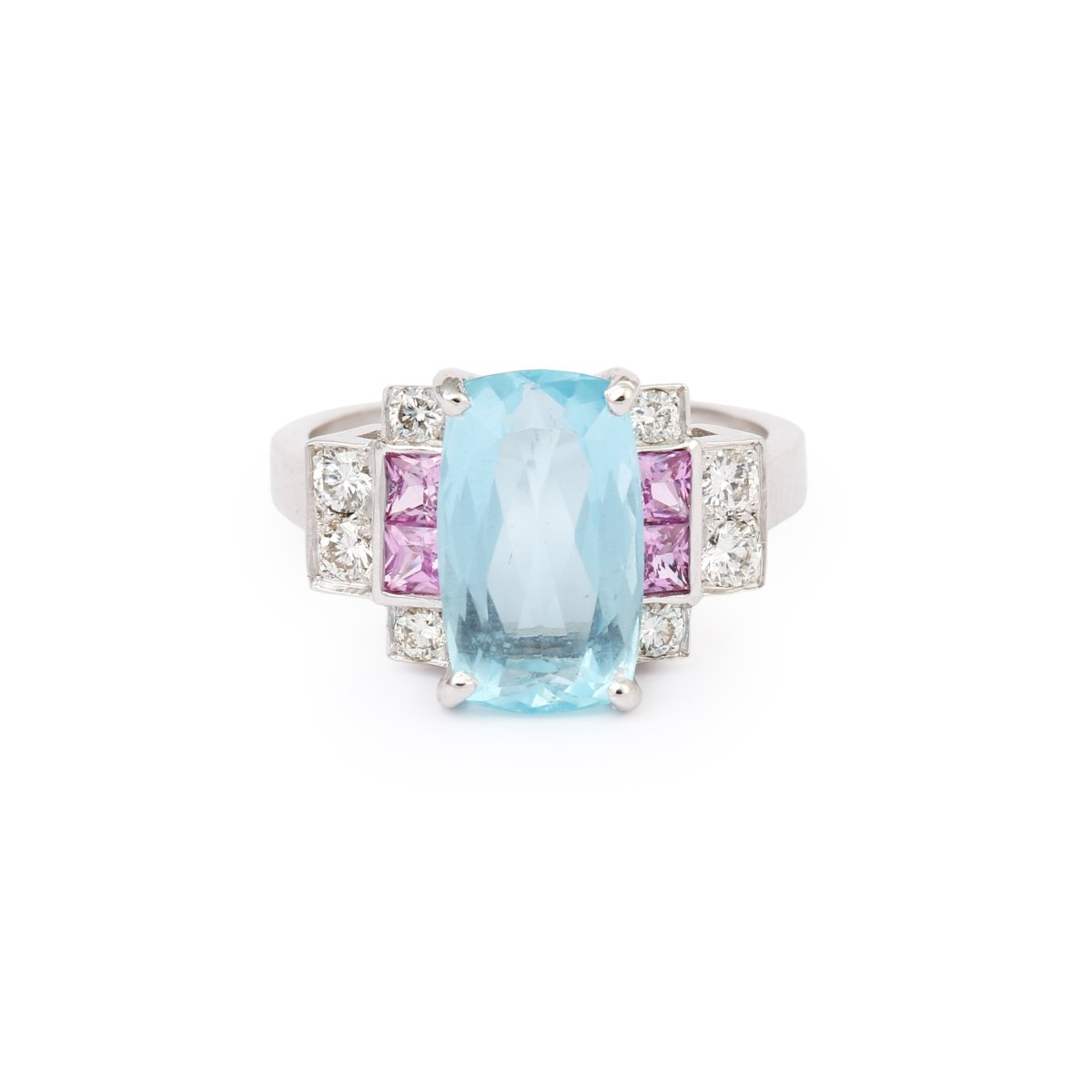 3 Carats Aquamarine Pink Sapphires Diamonds 18 Carats White Gold Ring