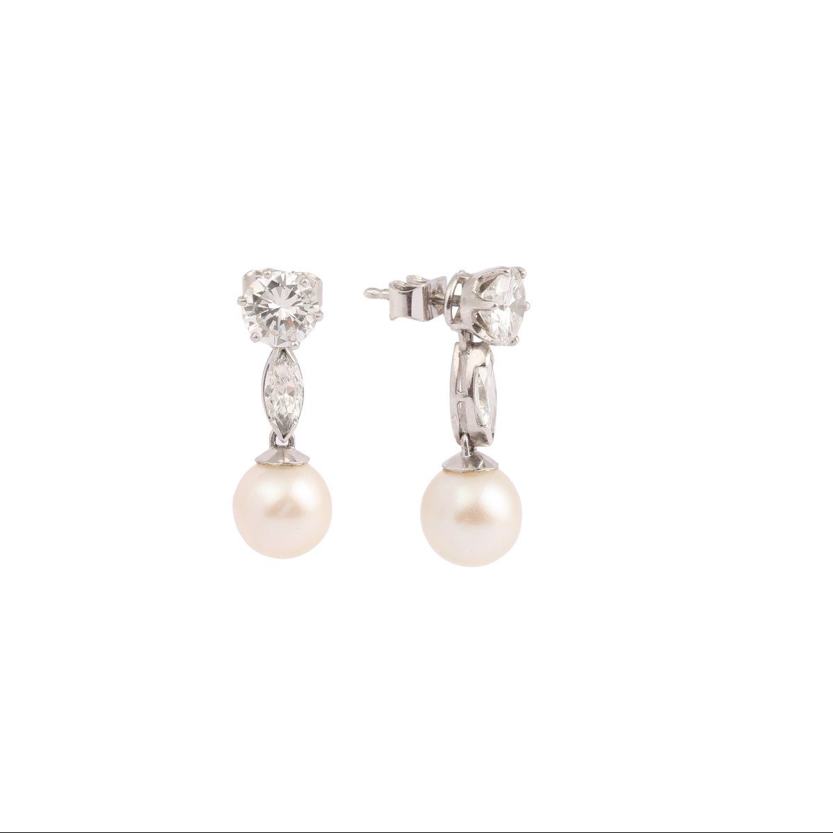 2.80 Carats Diamonds Pearls Platinum 18 Carats White Gold Convertible Drops Studs Earrings-photo-2