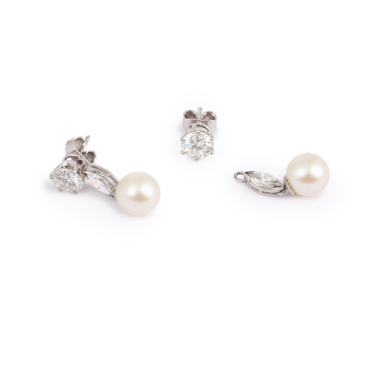 2.80 Carats Diamonds Pearls Platinum 18 Carats White Gold Convertible Drops Studs Earrings-photo-3