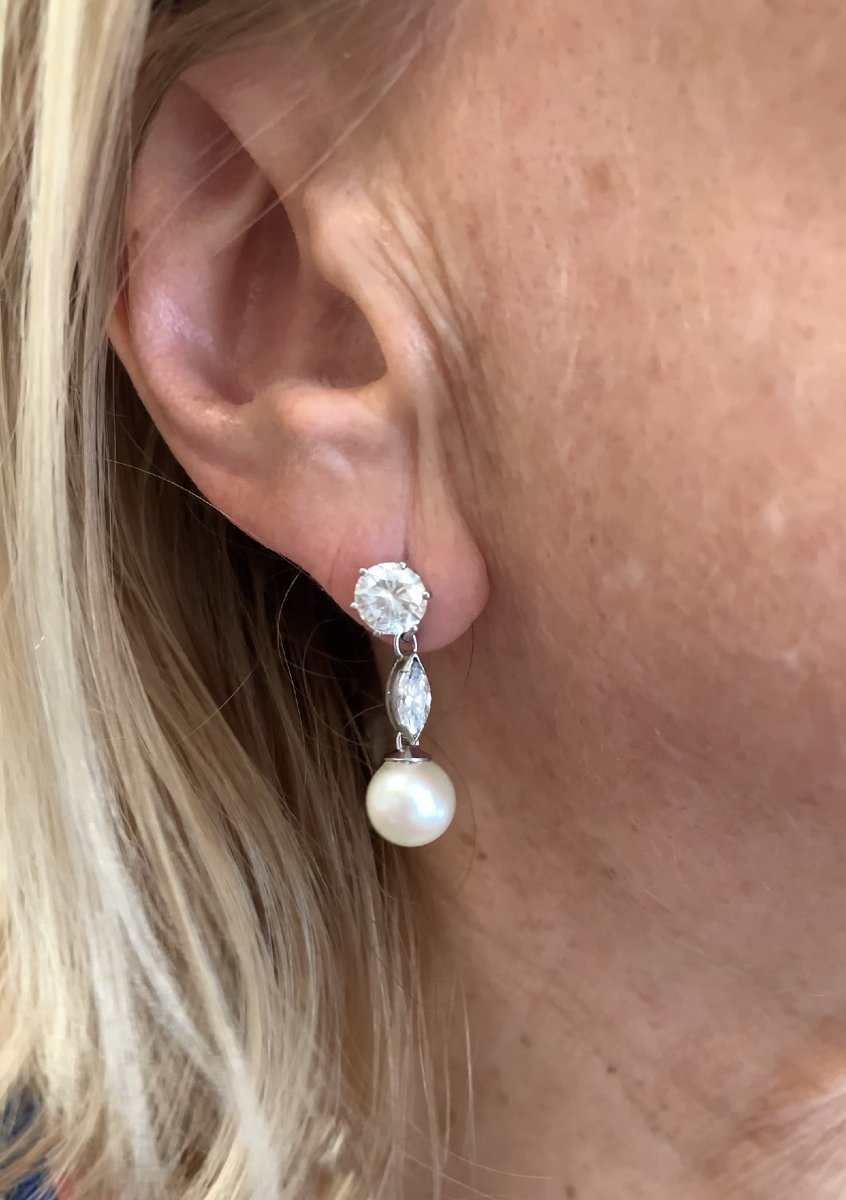 Clous d'Oreilles Pendants Transformables Diamants 2.80 Carats Perles Platine Or Gris 18 Carats-photo-1