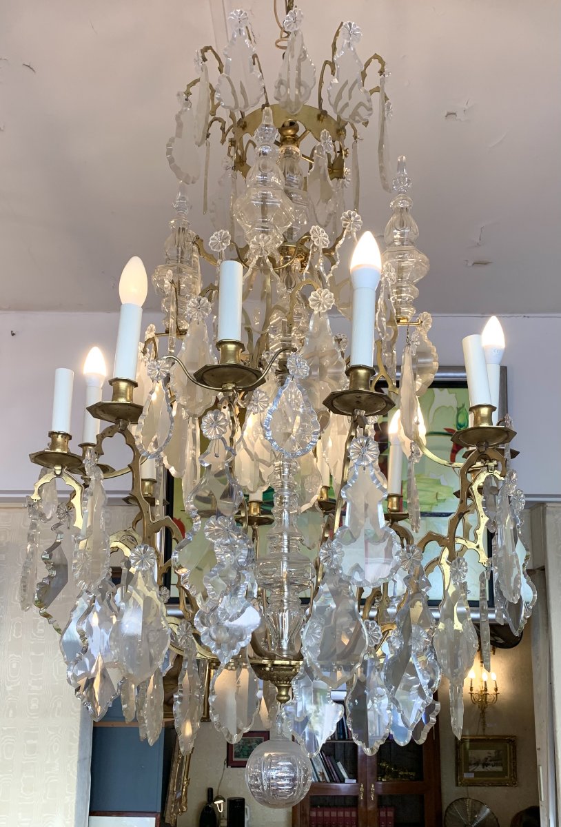 Louis XV Style Cage Chandelier With Crystal Pendants