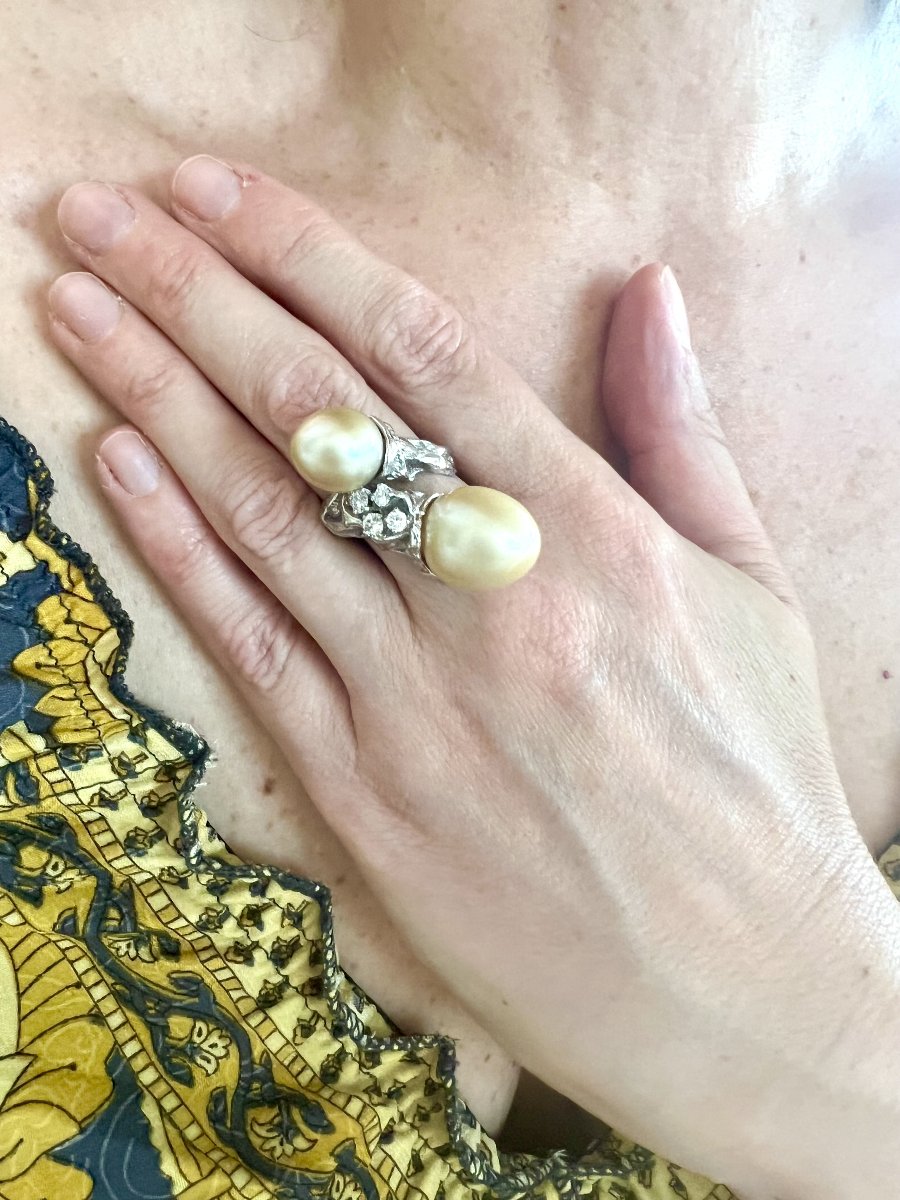 Bague Cocktail Gilbert Albert Perles Gold Diamants Or Gris 18 Carats-photo-3