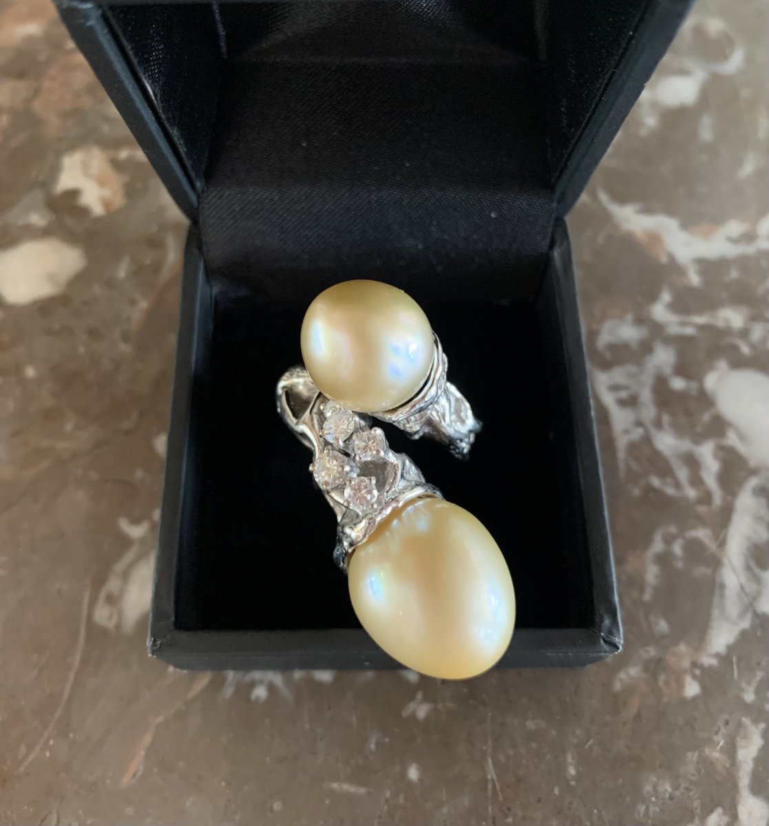 Bague Cocktail Gilbert Albert Perles Gold Diamants Or Gris 18 Carats-photo-4