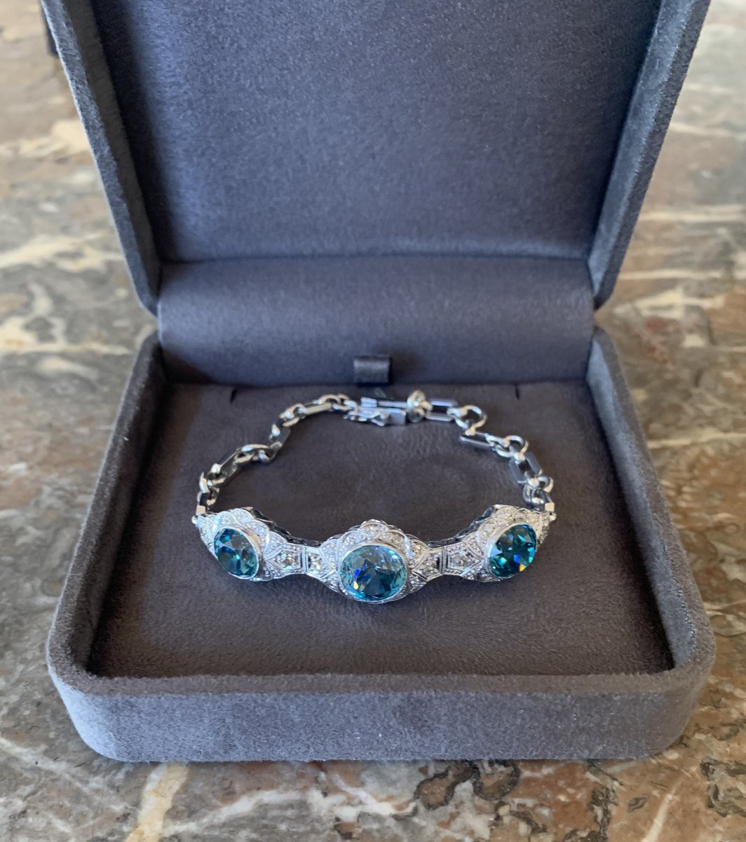 Vintage 12 Carats Blue Zircons Diamonds Platinum 14 Carats White Gold Bracelet-photo-4
