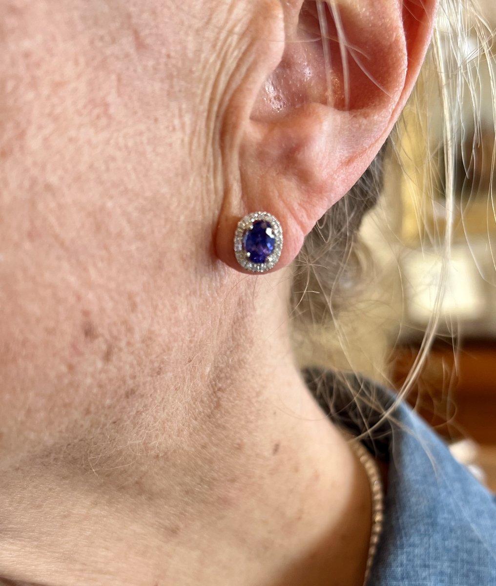 Clous d'Oreilles Tanzanites Diamants Or Gris 14 Carats-photo-3