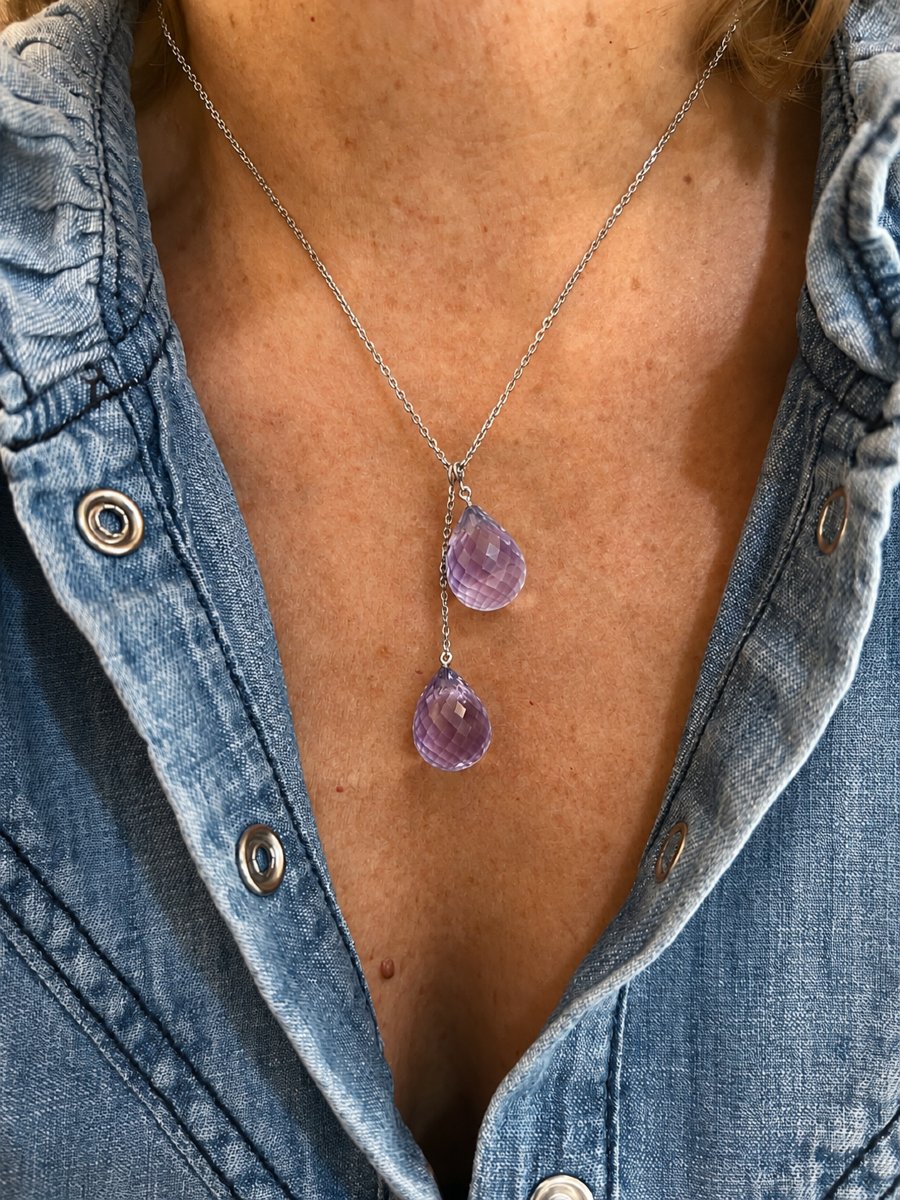 Collier Gouttes Améthystes Or Gris 18 Carats-photo-3