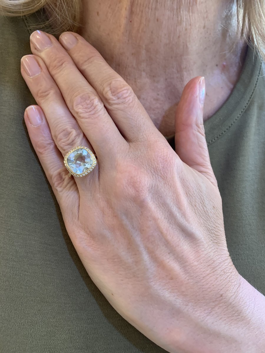 Isabelle Langlois Aquamarine Diamonds 18 Carats Yellow Gold Ring-photo-2