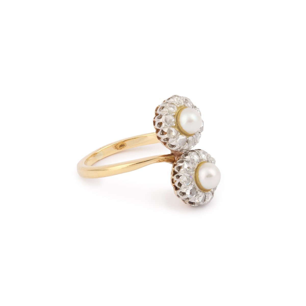 Bague Ancienne Toi & Moi Perles Diamants Platine Or Jaune 18 Carats-photo-2