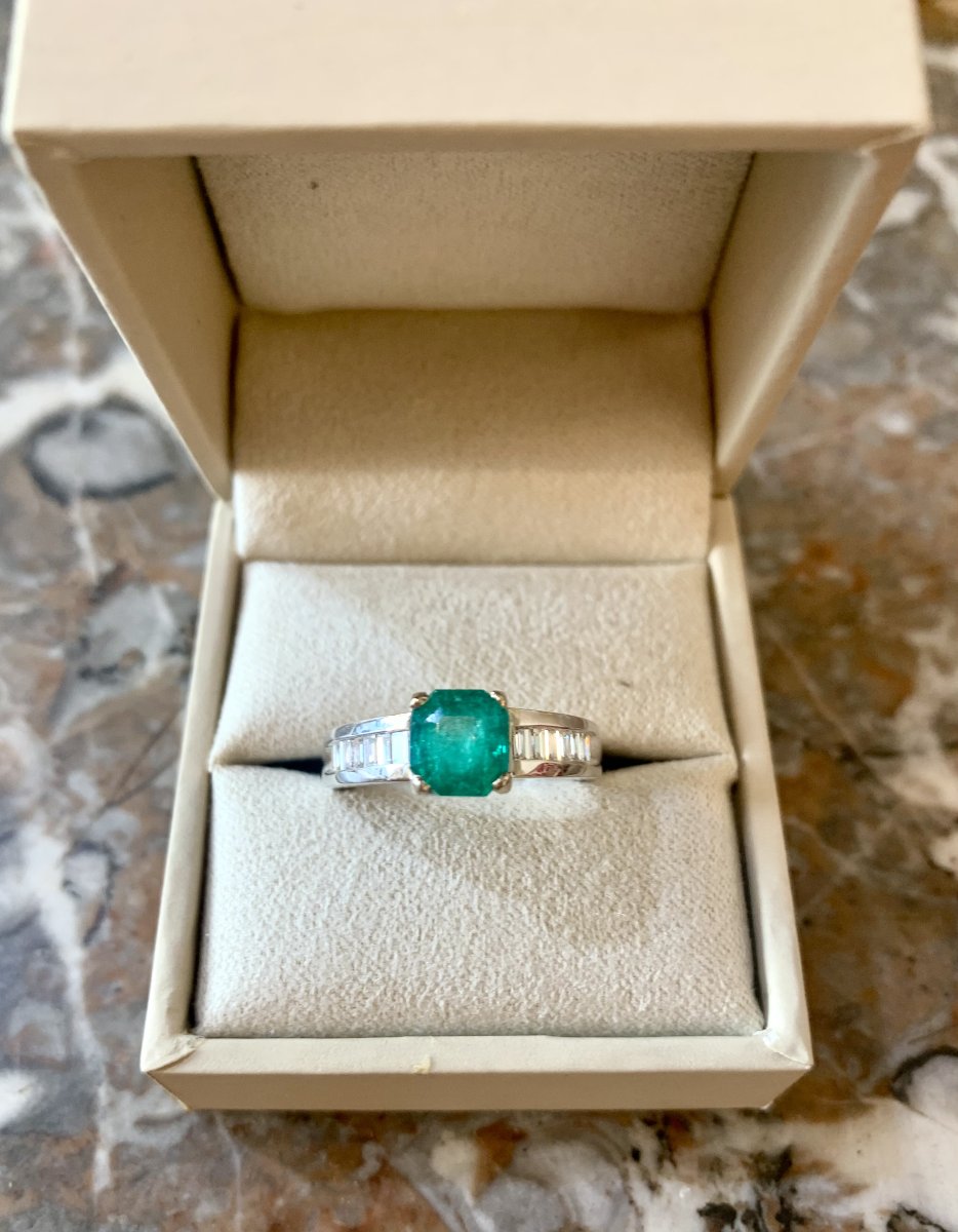 Bague Emeraude Colombie 1.35 carats Diamants Or Gris 18 Carats (Certificat)-photo-1