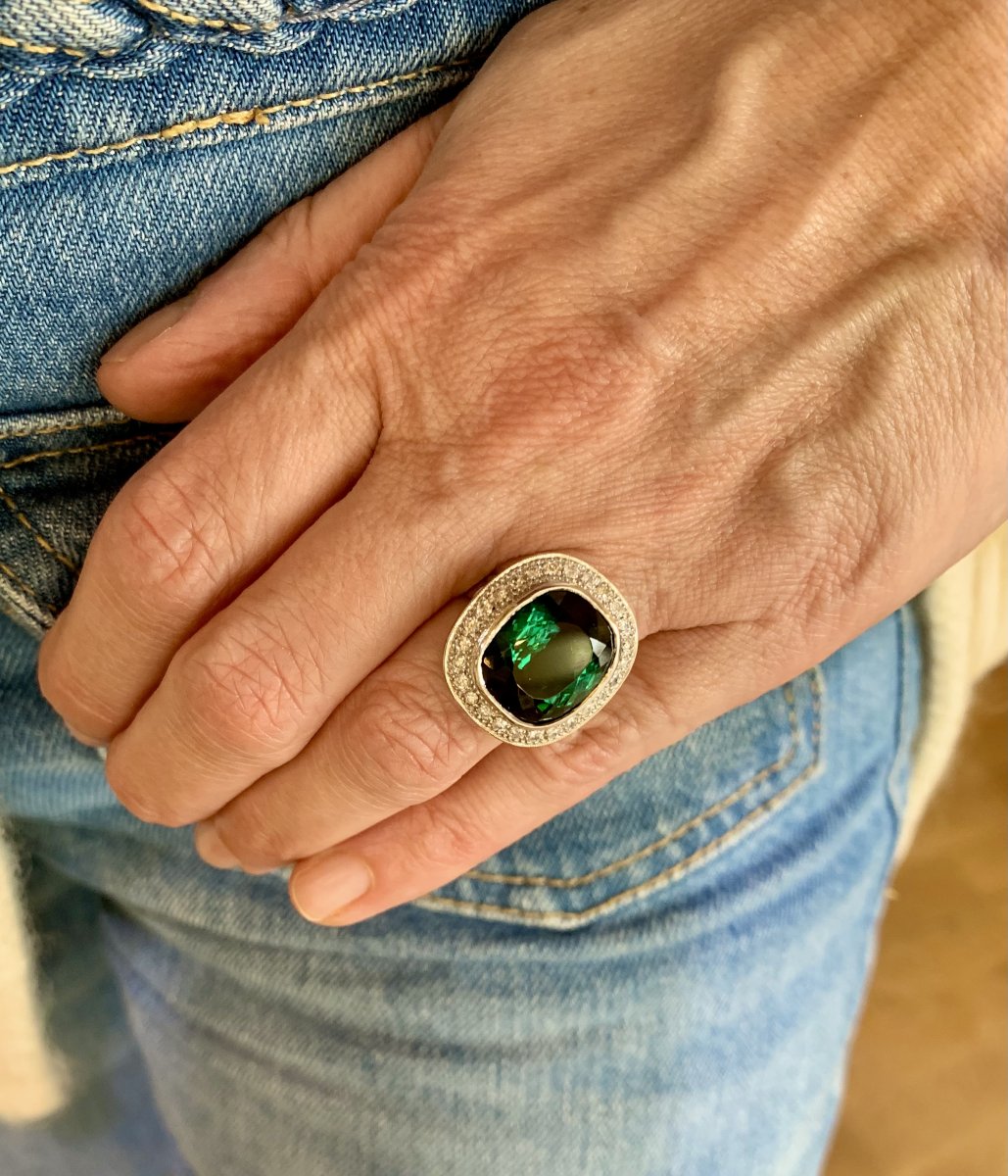 Bague Tourmaline Verte 8 Carats Diamants Or Gris 18 Carats-photo-4