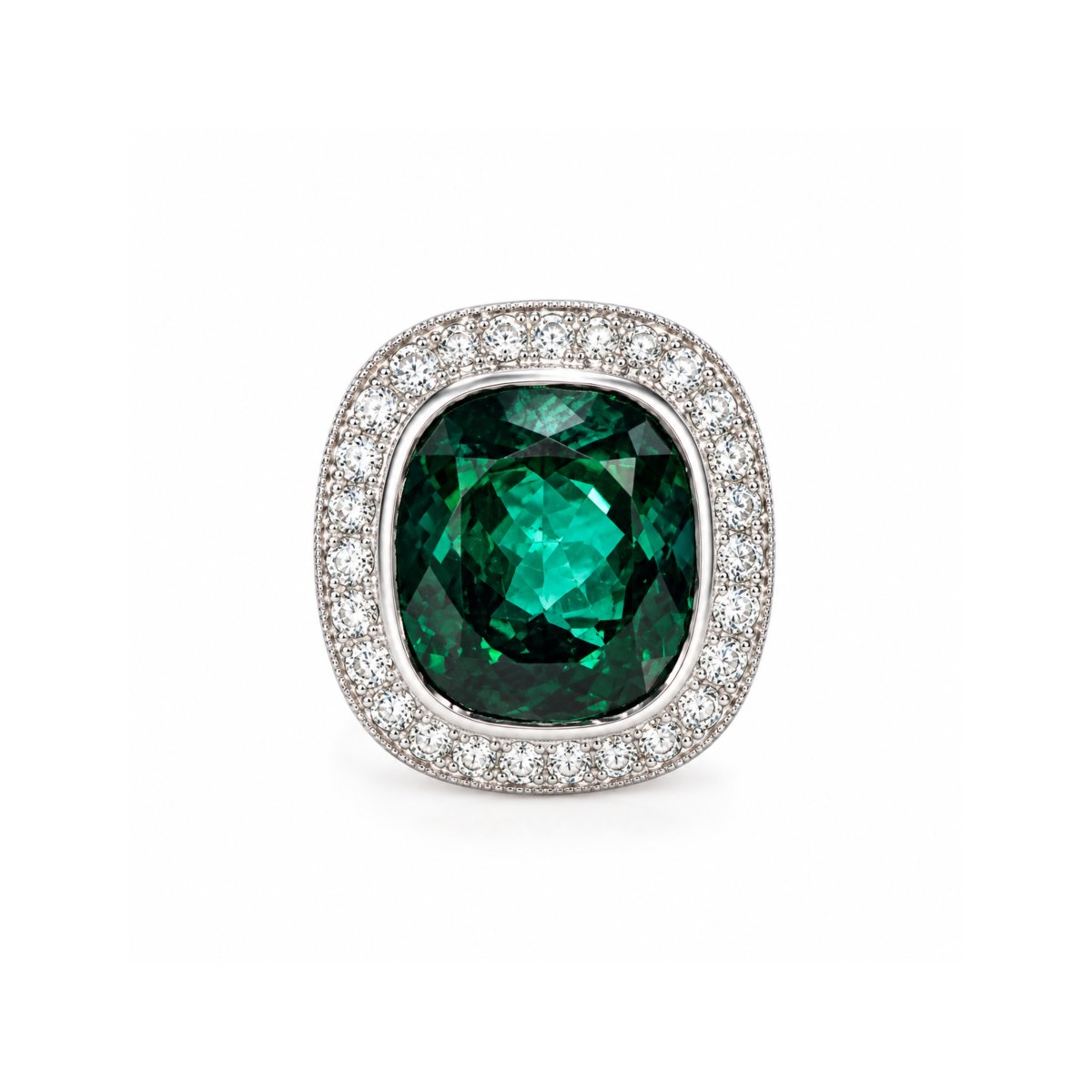 Bague Tourmaline Verte 8 Carats Diamants Or Gris 18 Carats