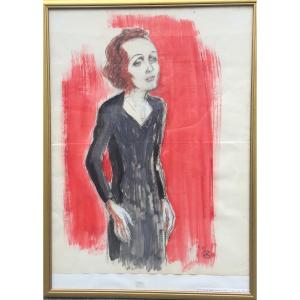 Edith Piaf On Stage Watercolor And Pencil On Paper, Mongrammed K For Charles Kiffer (1902-1992)