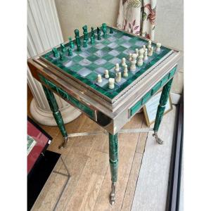 Table Russe Jeu d'Echecs En Argent, Malachite Et Pierres Ornementales