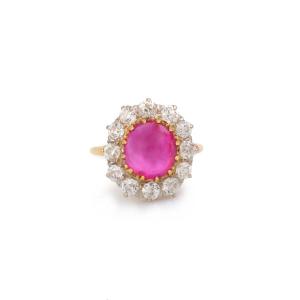 Certified Unheated 3.63 Carats Burma Cabochon Ruby Diamonds Platinum Yellow Gold Ring