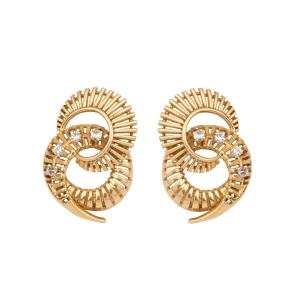 Boucles d'Oreilles Retro Tourbillon Diamants Or Jaune 14 Carats