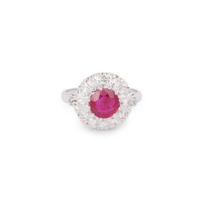 Certified 2 Carats Burmese Ruby Diamonds Platinum 18 Carats White Gold Daisy Ring