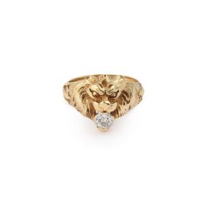 0.35 Carats Diamond 18 Carat Yellow Gold Lion Signet Ring