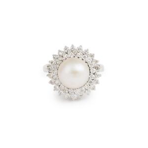 Bague Marguerite Perle 10mm Diamants Or Gris 18 Carats