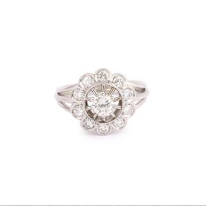 Bague Marguerite Diamants 1.20 Carats Platine Or Gris 18 Carats