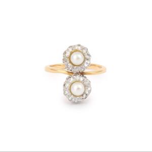 Bague Ancienne Toi & Moi Perles Diamants Platine Or Jaune 18 Carats