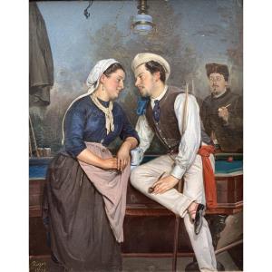 Scene Galante Dans Un Cafe, Huile Sur Toile Signée Rigot Et Datée 1874