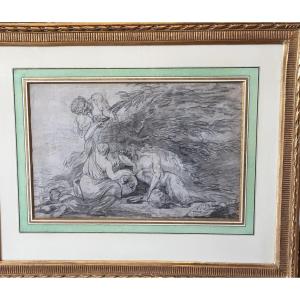 Bacchanale Avec Nymphes Et Satyres, Dessin au Fusain, Ecole Française, 1778