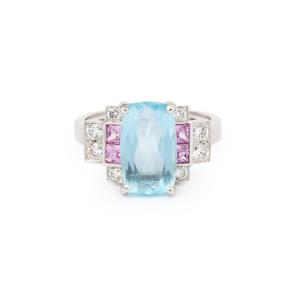 3 Carats Aquamarine Pink Sapphires Diamonds 18 Carats White Gold Ring