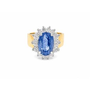 Certified 6.47 Carats Ceylon Sapphire Diamonds 18 Carats Yellow Gold Pompadour Ring