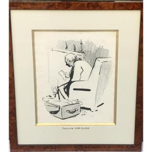 The Old Man And His Mail, Théodore Van Elsen, Drawing 1930s