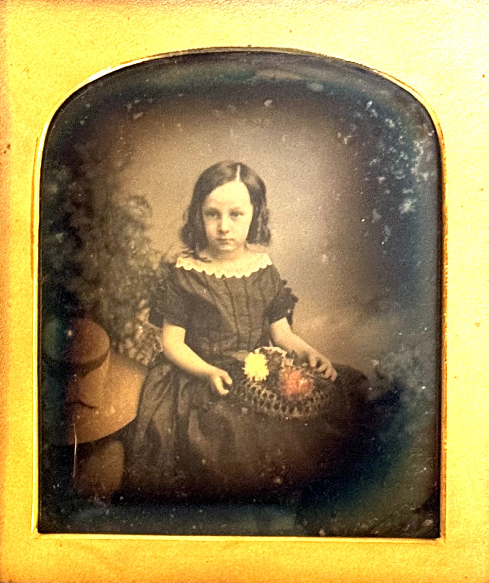 Daguerreotype Je. Mayall Child With Basket Of Flowers Union Case Photograph C.1850