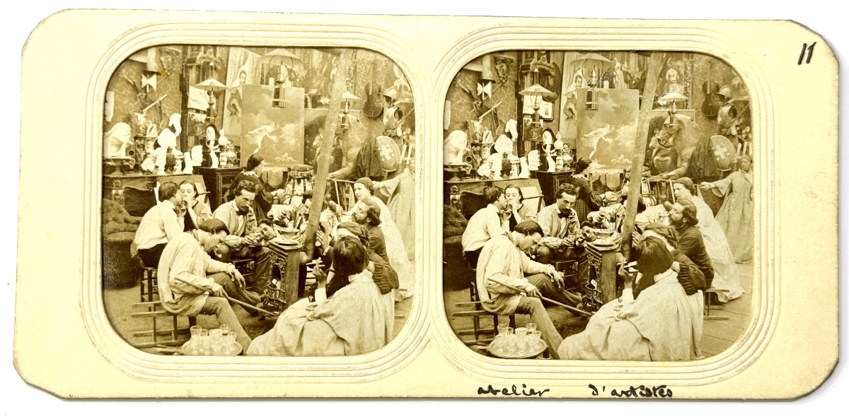 Carte Stéréoscopique "atelier d'Artistes" French Tissues C.1870 Photographie Albuminée d'époque-photo-3