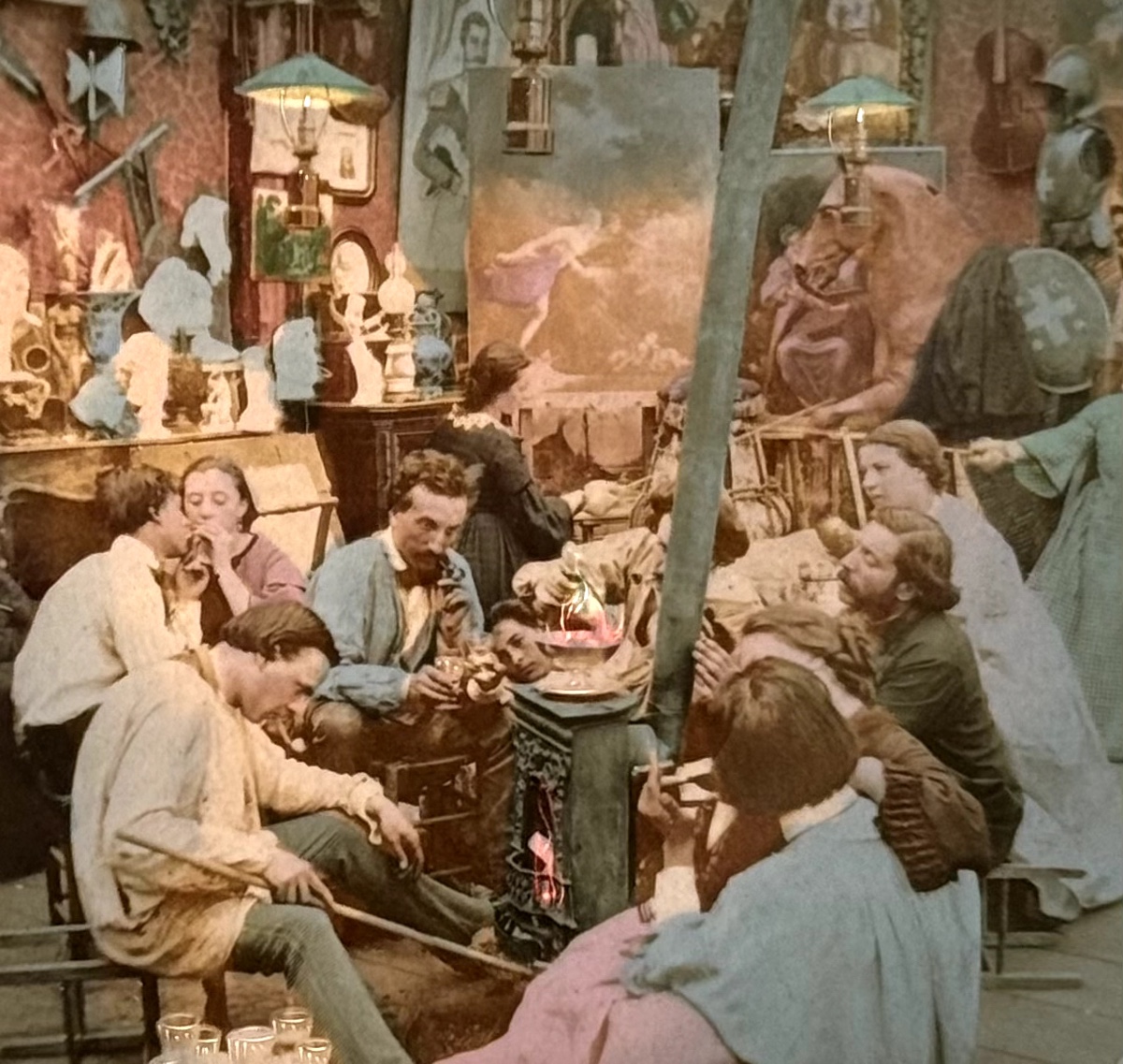 Carte Stéréoscopique "atelier d'Artistes" French Tissues C.1870 Photographie Albuminée d'époque