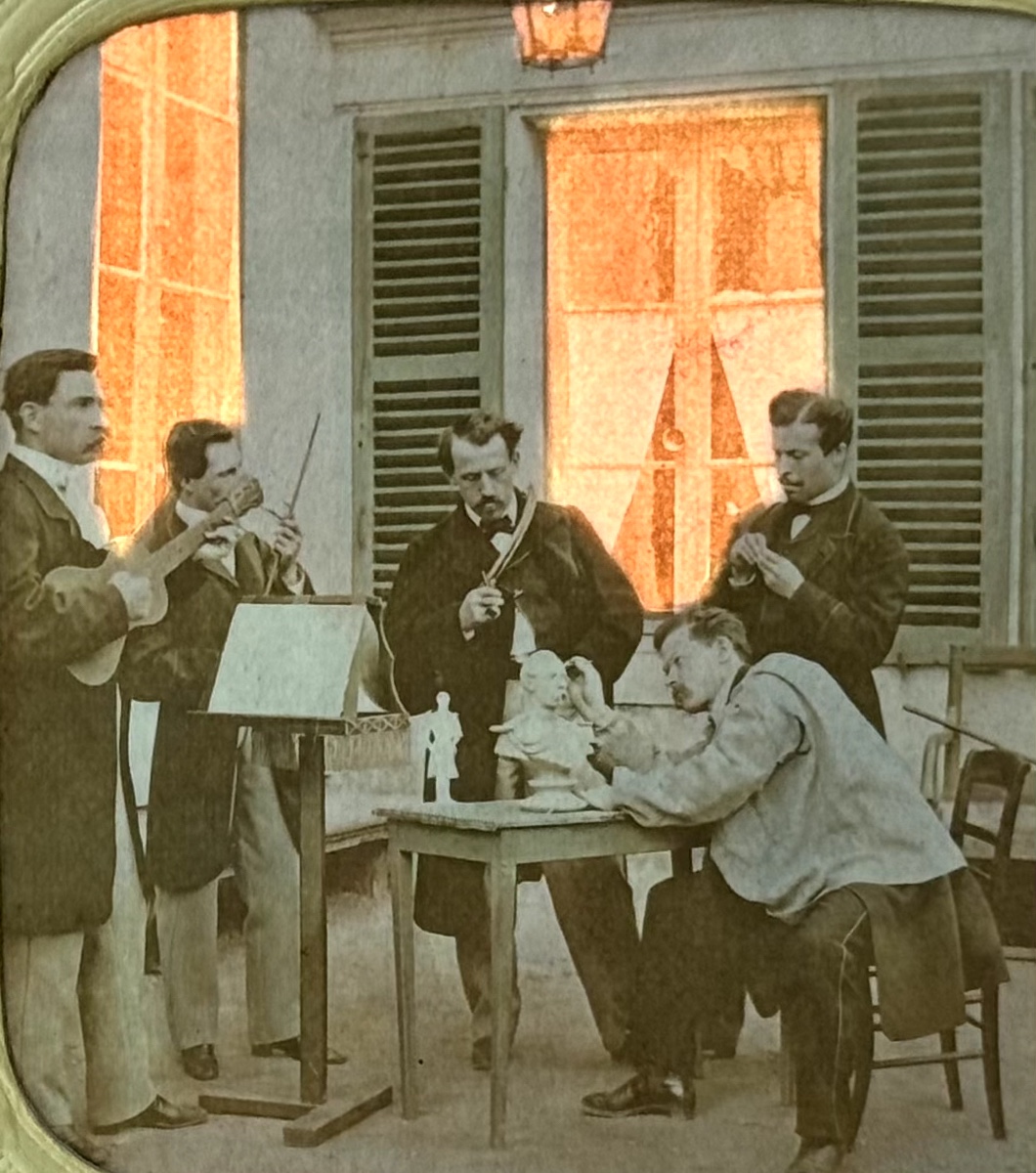 Stereoscopic Card "the Sculptor" French Tissue Day/night C.1870 Albumen Photograph