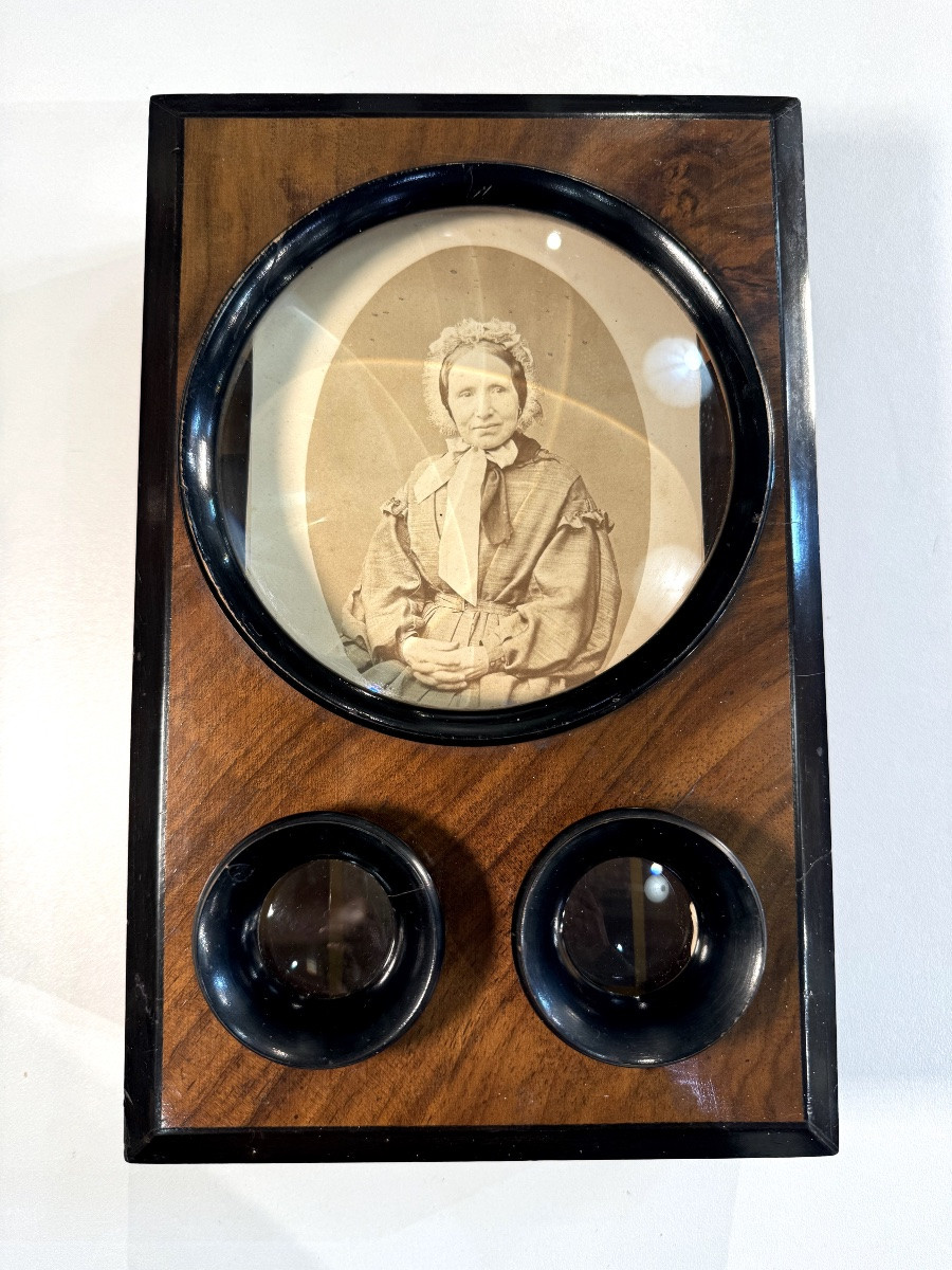 Grand Graphoscope mono et stéréo en ronce de thuya objet de curiosité photographie d'époque -photo-2