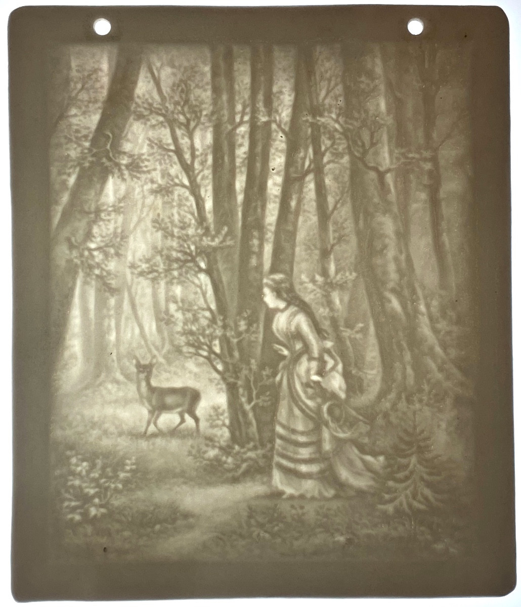 Lithophane "beauty And The Doe In The Woods" Mid-19th Century