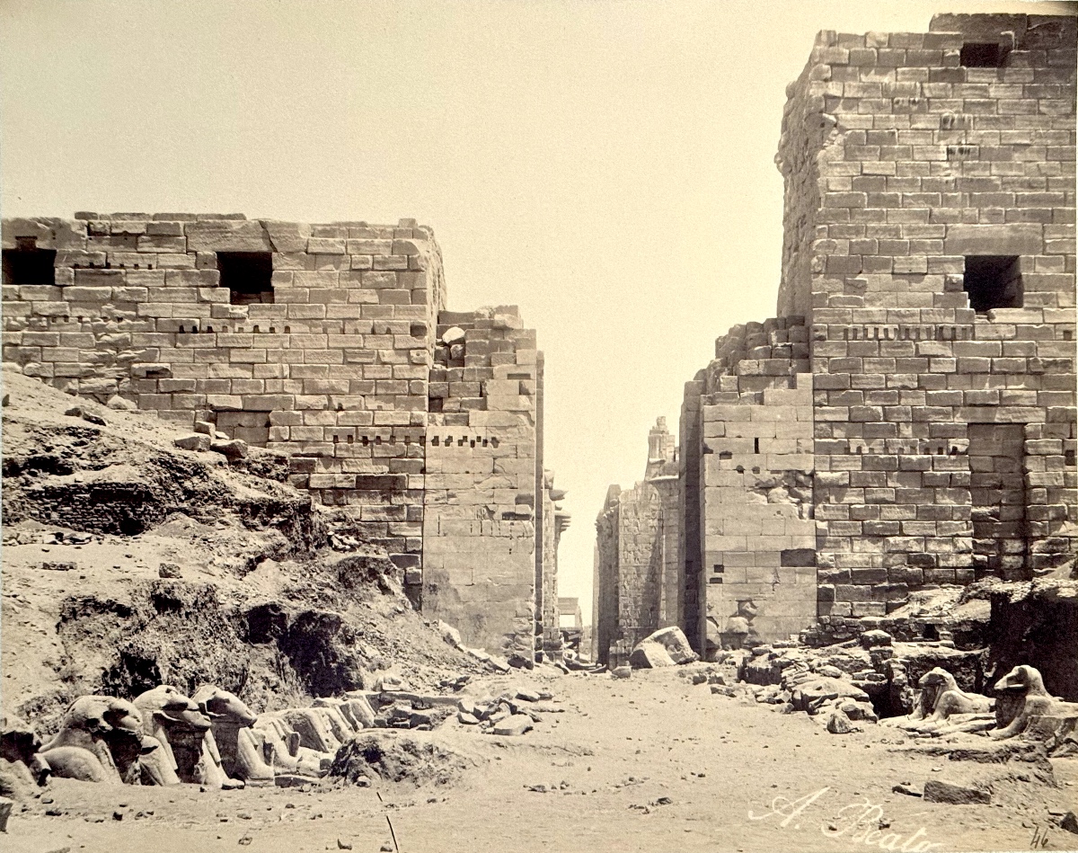Antonio Beato, Karnak West Pylon With The Sphinx, Egypt C.1870. Signed Albumen Print 